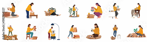 Set of illustrations showing a woman packing and unpacking cardboard boxes for moving house or relocation, featuring various household items.