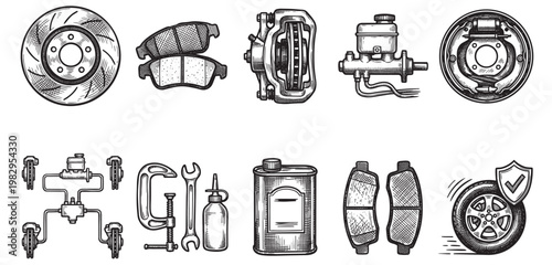 A set of hand-drawn illustrations depicts various automotive brake system components, tools, and a car wheel with a shield icon, useful for car repair and maintenance concepts.