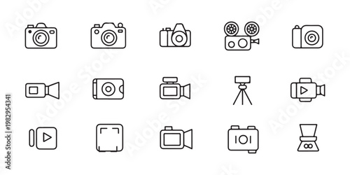 Photography and videography camera icons set thin line professional equipment on checkered background.