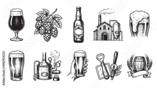 A vintage-style illustration set showcasing various elements of beer and brewing, including glasses of beer, hops, a brewery, a bottle, a barrel, and brewing equipment.