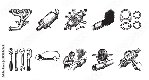 A hand-drawn collection of automotive exhaust system components and tools, including a manifold, muffler, catalytic converter, and wrenches, illustrating car repair and maintenance.
