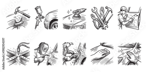 A collection of hand-drawn illustrations depicting various auto repair tasks, tools, and processes in a monochrome sketchy style, perfect for automotive themes.