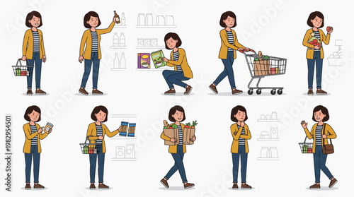 Woman grocery shopping with multiple poses in the store