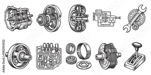 A collection of detailed line drawings in a vintage engraving style showcases various automotive transmission components and tools, ideal for technical or historical themes.