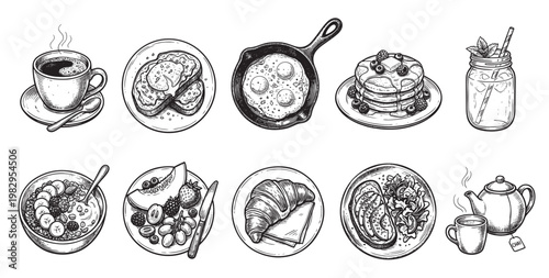 A collection of hand-drawn illustrations depicting various breakfast foods and drinks, including coffee, toast, eggs, pancakes, and fruit.