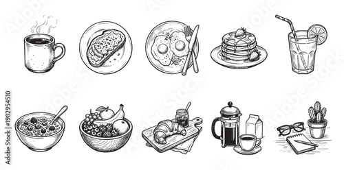 A collection of hand-drawn breakfast items including coffee, toast, eggs, pancakes, juice, cereal, fruit, croissant, French press, and writing supplies for morning lifestyle.
