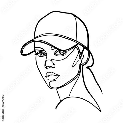 Logotipo con dibujo minimalista de una única línea de la cabeza de una mujer con gorra de béisbol para uso casual y deportivo