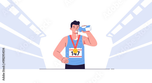 Athlete drinking water after race, wearing medal and bib number 147