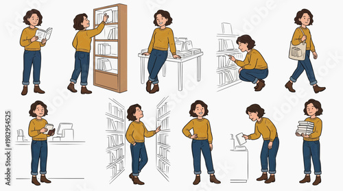 A library scene with a woman, reading and looking for books. The woman is dressed in casual clothes, and the images show her interacting with books and shelves