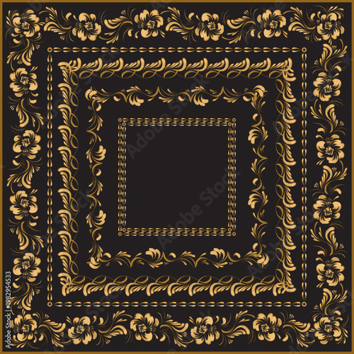 Vector floral seamless border patterns from hand painted golden leaves and flowers on a black background. 4 pattern brushes in the brush palette