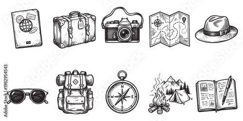 A collection of hand-drawn, black and white sketch illustrations depicting essential travel and adventure gear, perfect for conveying journeys and exploration themes.