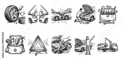 A collection of hand-drawn illustrations depicting various car troubles including tire changes, dead batteries, accidents, and towing services, along with repair tools and first aid kit.