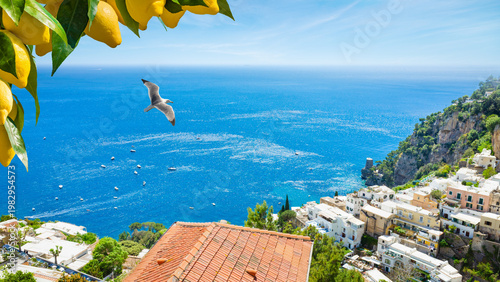 Aerial view of Positano town with colorful houses on Amalfi coast in Italy. Bright yellow lemons on tree branch frame sunny Mediterranean sea landscape. Flying seagull over Positano in summer day