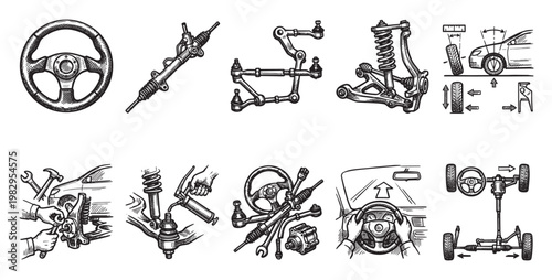 This sketch-style illustration features various automotive steering and suspension components, including tie rods, ball joints, steering racks, and a suspension system, with diagrams of alignment.
