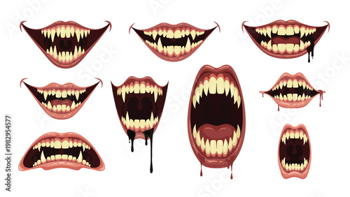 Collection of frightening monster and creature mouths with sharp teeth, blood, and scary expressions for horror design.
