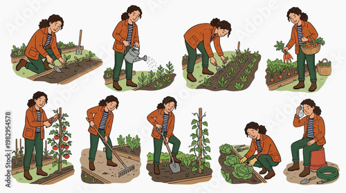 A gardener in the garden showing a sequence of actions while taking care of the vegetables.