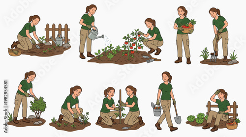 A collection of illustrations featuring a woman engaged in various gardening activities, each image showing a different aspect of gardening