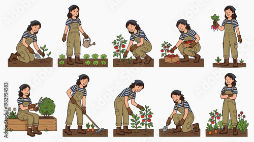 A woman is gardening in the garden in various stages of planting, watering, and harvesting. From planting a young plant to gathering vegetables, this image captures the process of cultivation