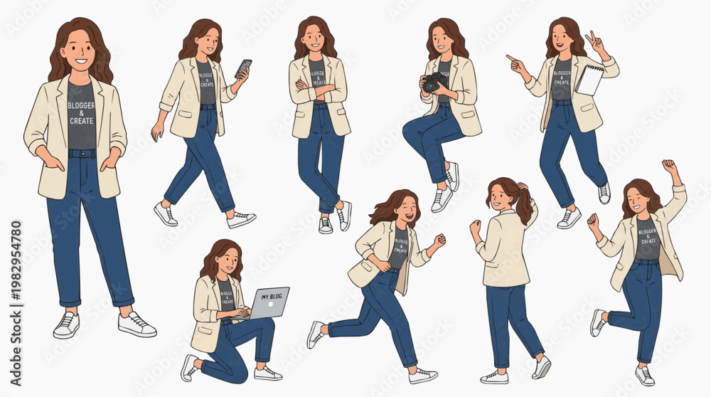 Obraz premium Diverse poses of a young woman in casual wear, depicting various activities and expressions 
