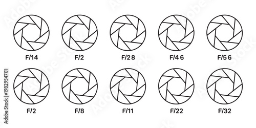 Camera aperture f stop values diagram vector set iris blades opening shutter diaphragm different sizes.
