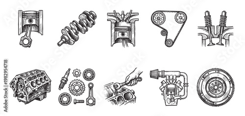 A collection of detailed, hand-drawn illustrations depicting various internal combustion engine components, including pistons, crankshafts, valves, and gears, in a schematic style.