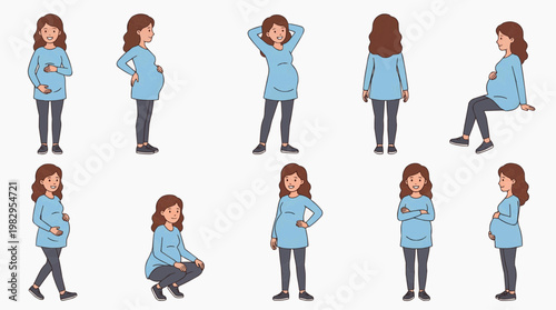 A pregnant woman in various poses, showcasing the different stages of her pregnancy. The illustrations capture the joy and anticipation of motherhood