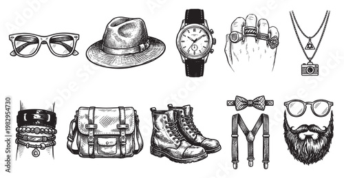 A collection of hand-drawn vintage style illustrations depicting various men's fashion accessories, rendered in black and white for a classic aesthetic.