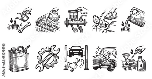 A collection of hand-drawn icons depicting various car maintenance and repair tasks, including oil changes, car washing, and engine work, suitable for DIY guides and automotive services.