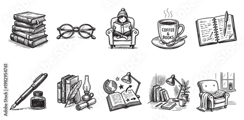 A hand-drawn black and white collection of icons depicting vintage reading and writing elements like books, glasses, coffee cup, pen, and desk.