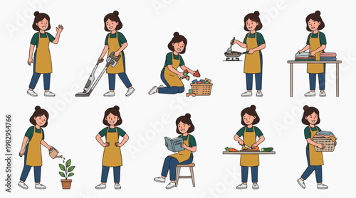 A variety of chores and activities being performed by a woman wearing an apron