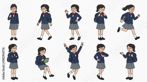 A young schoolgirl in various action poses, showcasing her daily activities at school