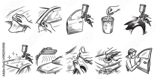 This illustration depicts the multi-step process of car repair and painting, from sanding and taping to spraying and polishing.