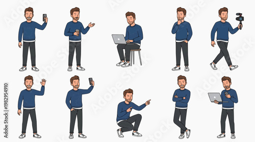 A man with beard in different poses with props showing gestures and expression