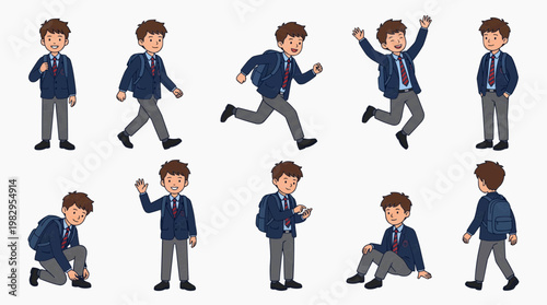 Schoolboy's various poses, showing a range of emotions and actions in his school uniform