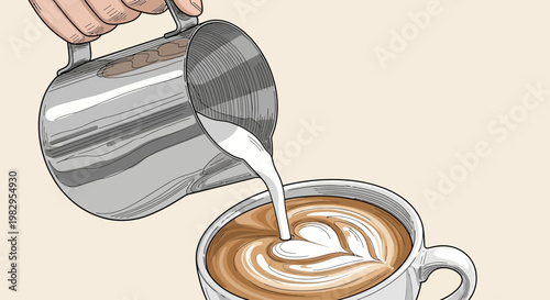 Barista pouring steamed milk into coffee cup creating latte art heart shape