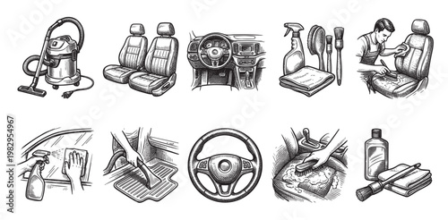 Detailed illustration set showing various car interior cleaning tools and actions, including vacuuming, scrubbing, wiping, and polishing for a detailed clean.