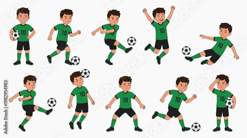 Dynamic actions of a football player in different poses while controlling and playing with a football