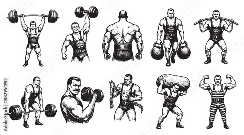 A collection of black and white illustrations depicting strongmen in vintage attire performing various feats of strength with barbells, dumbbells, and kettlebells, conveying power and athleticism.