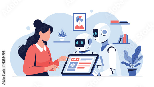 Futuristic scene of a woman interacting with two intelligent humanoid robots using a digital touch screen tablet.