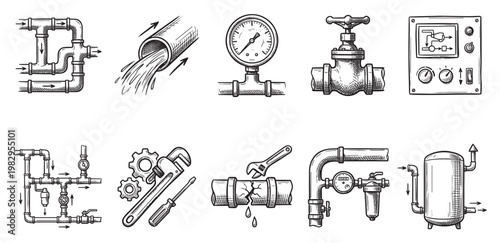 A hand-drawn collection of plumbing system elements, including pipes, valves, pressure gauges, tools, and a control panel, ideal for illustrating industrial or domestic plumbing concepts.