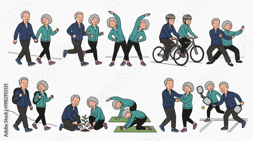 A senior couple engaged in various healthy activities, demonstrating active and fulfilling lifestyles. They are exercising, planting a tree, and enjoying each other's company