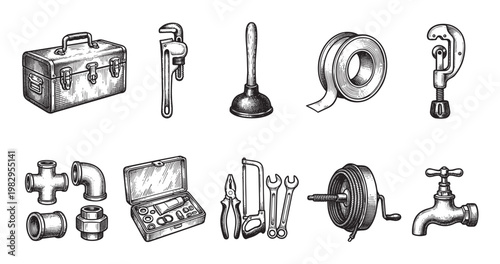 A vintage-style illustration features a collection of plumbing tools and parts arranged in a grid, showcasing a toolbox, wrenches, pipes, a plunger, and a tap.