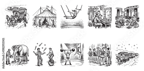 A collection of black and white line art illustrations depicting various classic circus scenes, including performers, animals, tents, and caravans, evoking a nostalgic and whimsical atmosphere.