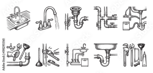 A collection of vintage-style line art illustrations depicting various plumbing elements, tools, and sink setups for repair and maintenance concepts.