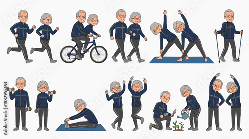 Collection of illustrations showing elderly couple involved in various fitness activities, like running, cycling, yoga and walking. A concept of healthy lifestyle