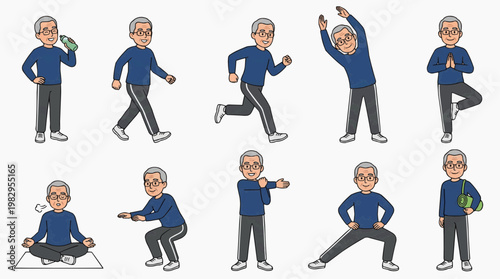 A set of illustrations showing an elderly person doing various exercises