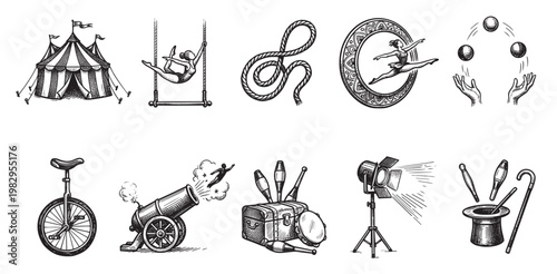 A collection of vintage-style black and white illustrations depicting circus performers, juggling balls, a cannon, unicycle, magic hat, and spotlight, representing entertainment and performance.
