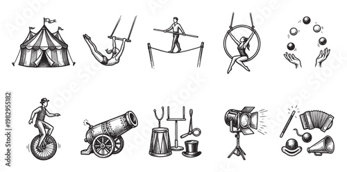 A hand-drawn collection of vintage circus elements including performers and props, presented in a classic black and white sketch style.