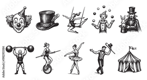 A vintage black and white illustration collage depicts various circus performers and attractions, including a clown, a magician, a strongman, ballerinas, and a circus tent.