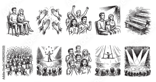 A collection of hand-drawn sketches depicts various scenes of an audience at a performance, including clapping hands, cheering crowds, and specific acts like juggling and aerial acrobatics.
